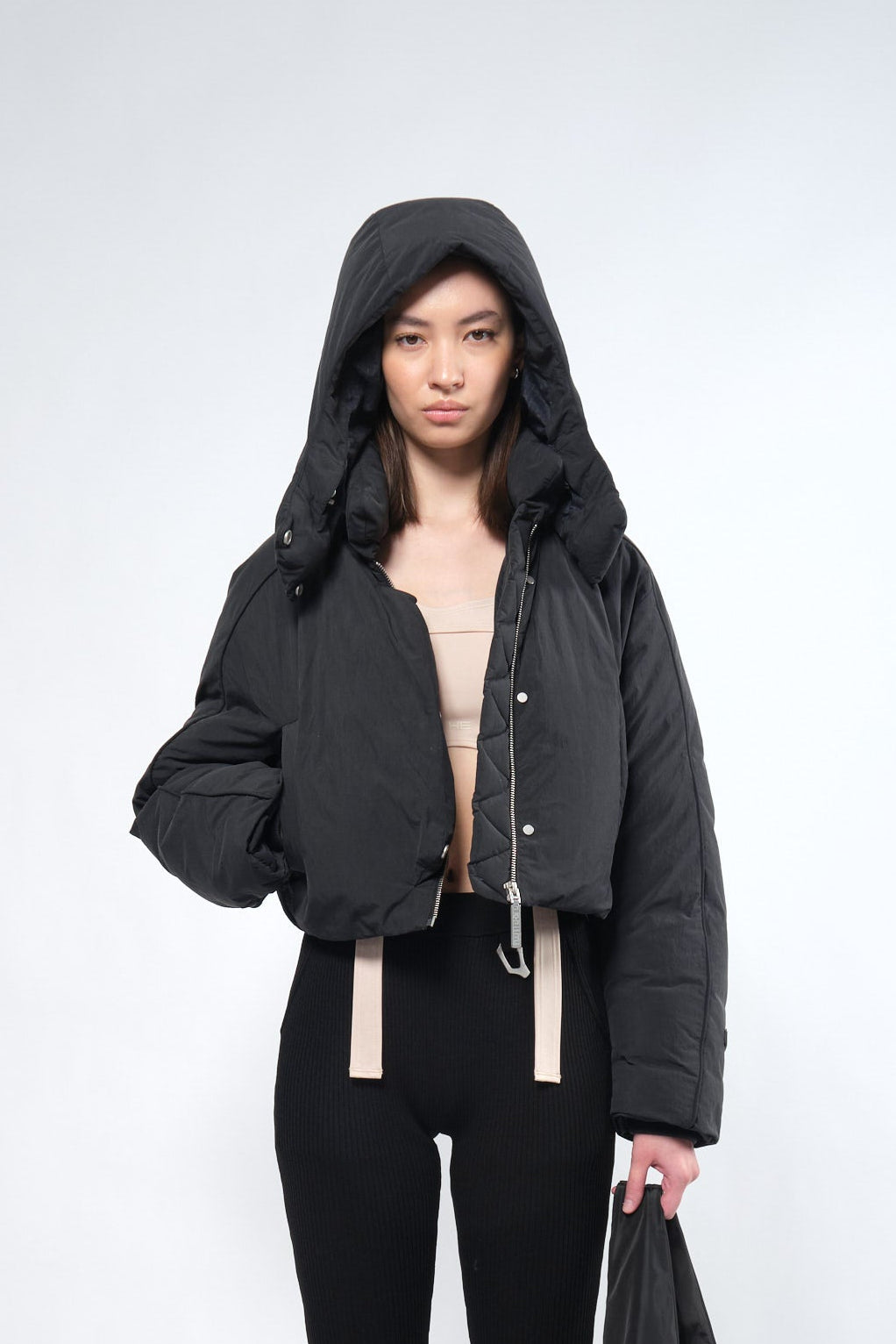 Re:Down® Crop Black Puffer Jacket with Hood - Adhere To  - 1